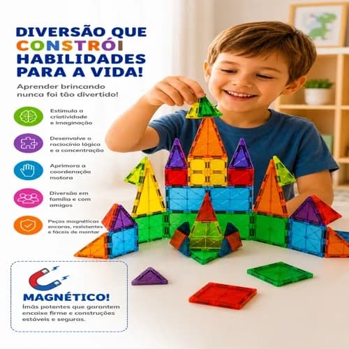 Criança montando um castelo com os blocos magnéticos sobre a mesa