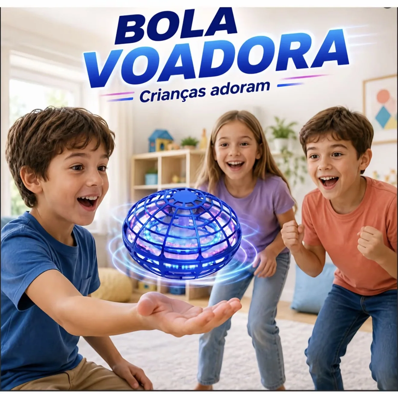 Três crianças brincando com a bola voadora, flutuando entre as mãos