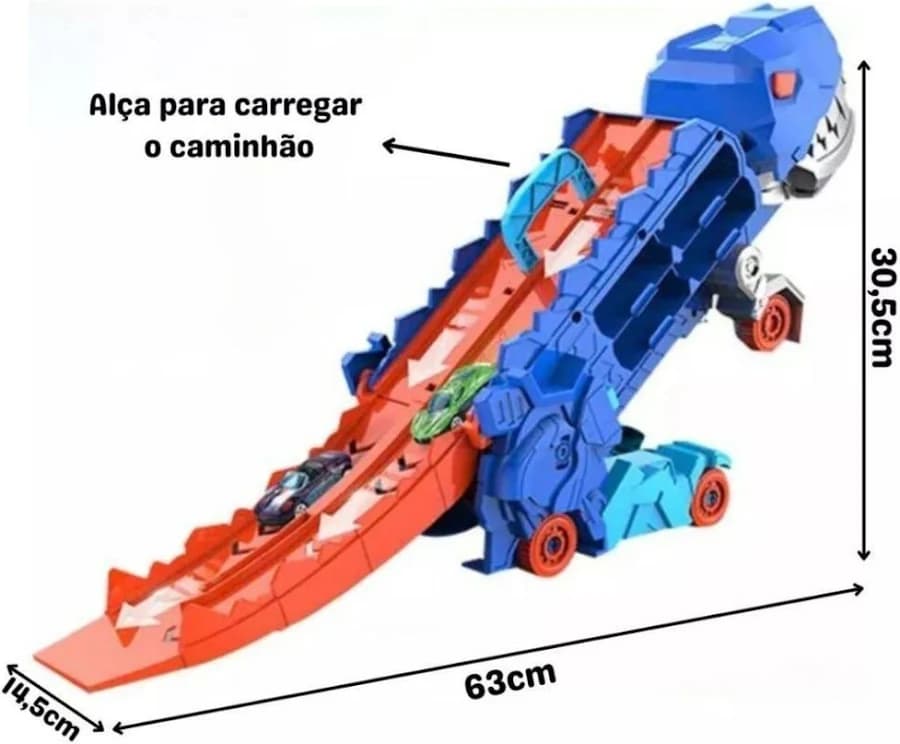 Caminhão dinossauro aberto como pista, com alça para carregar e medidas indicadas