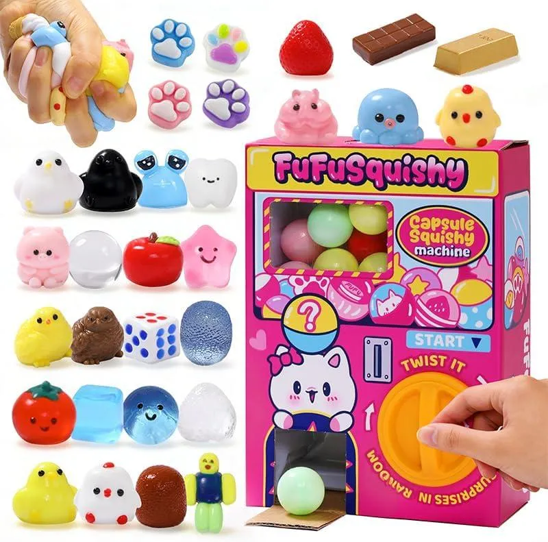 Cápsulas Squishy Surpresa – Kit com Máquina de Vendas em Miniatura