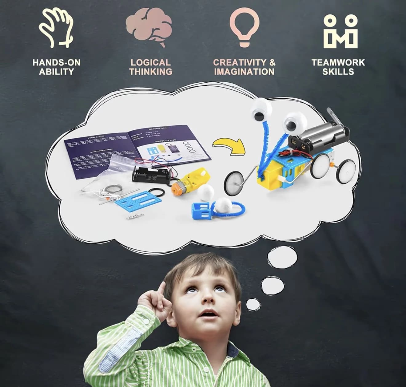 Ícones dos benefícios do kit (habilidade manual, raciocínio lógico, criatividade e trabalho em equipe) e ilustração do processo de montagem