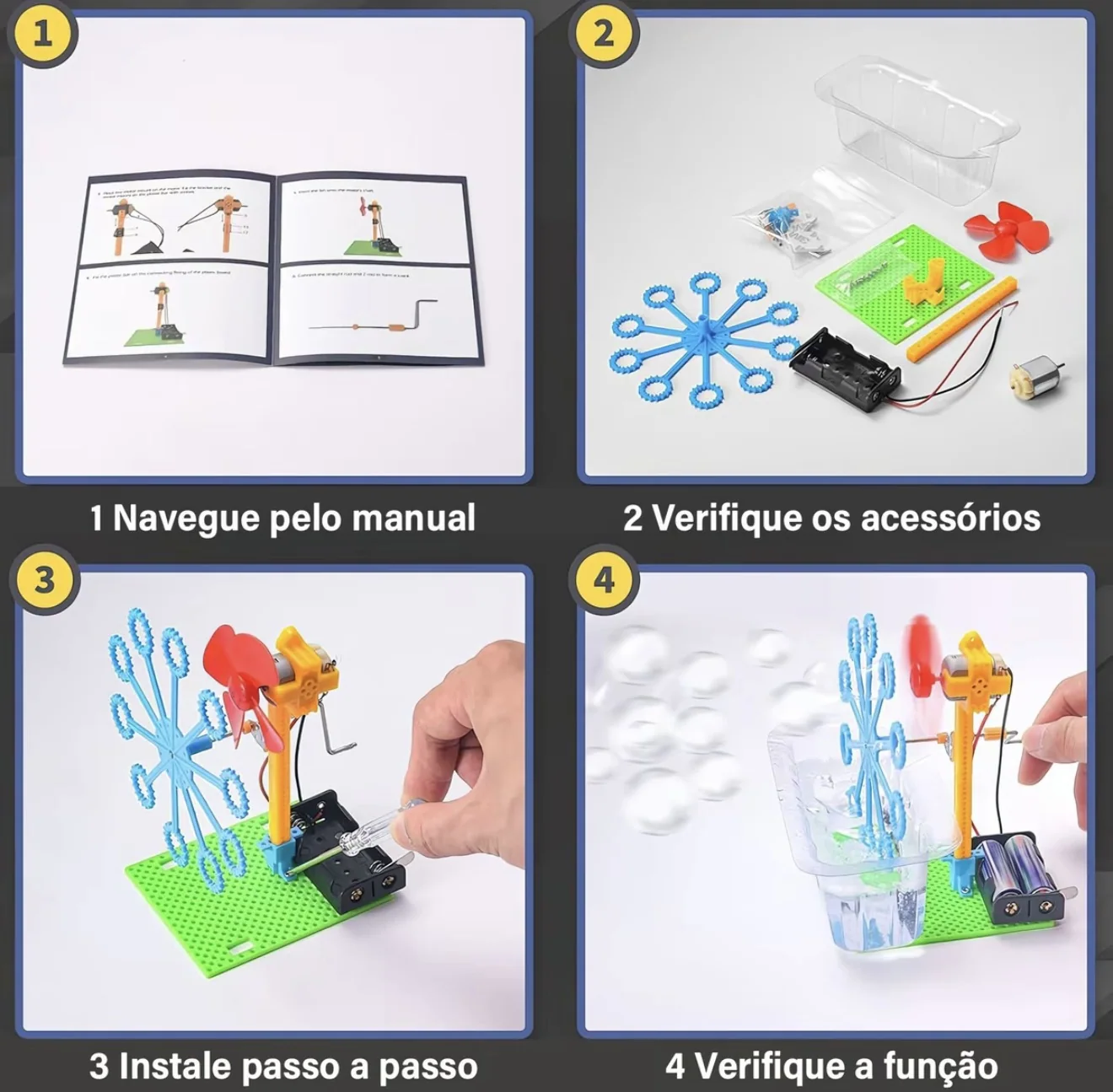 Passo a passo de montagem: consulta ao manual, conferência das peças, montagem e teste do projeto da máquina de bolhas