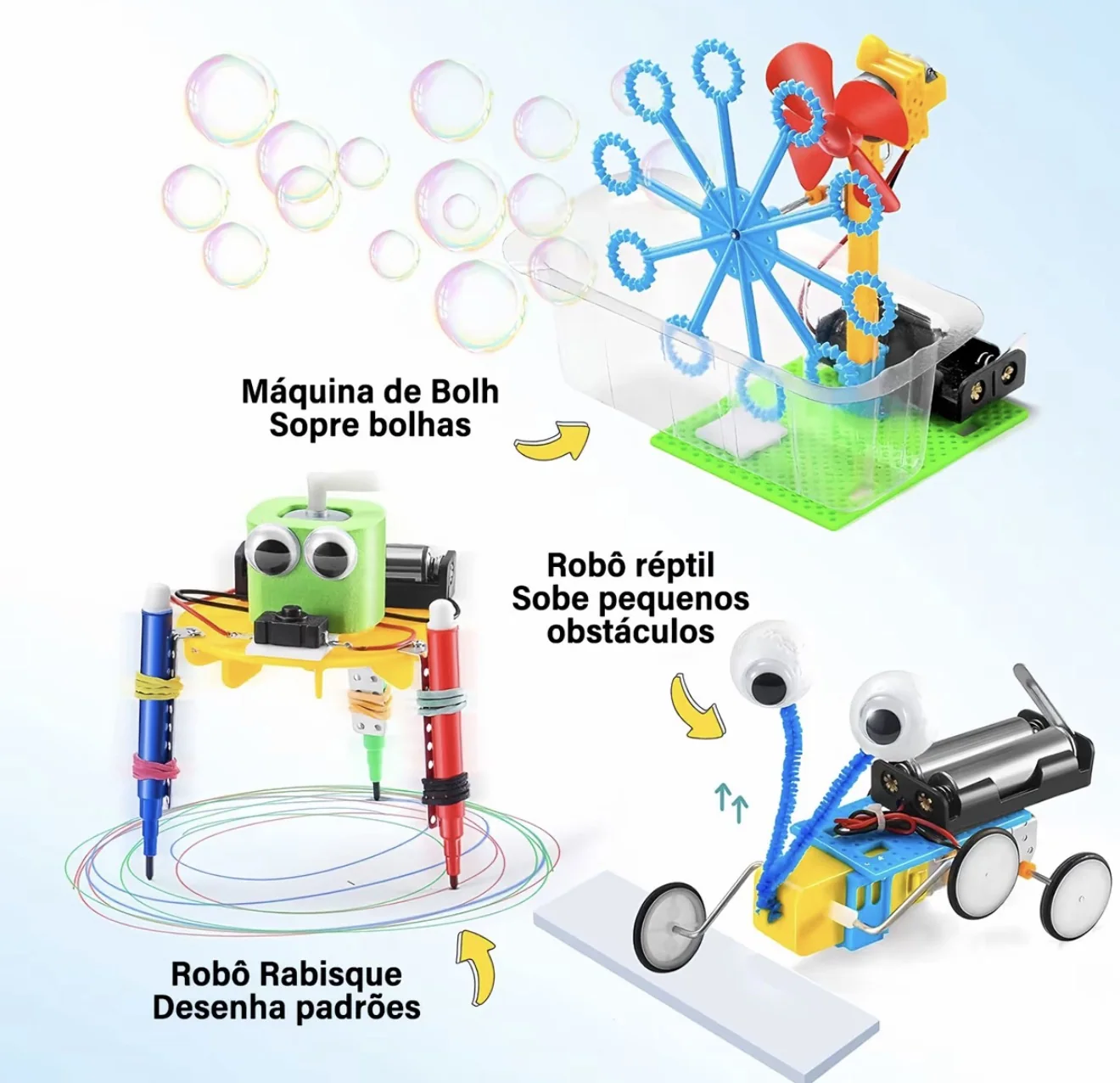 Três projetos montados: máquina de bolhas, robô réptil (sobe pequenos obstáculos) e robô rabisque (desenha padrões)