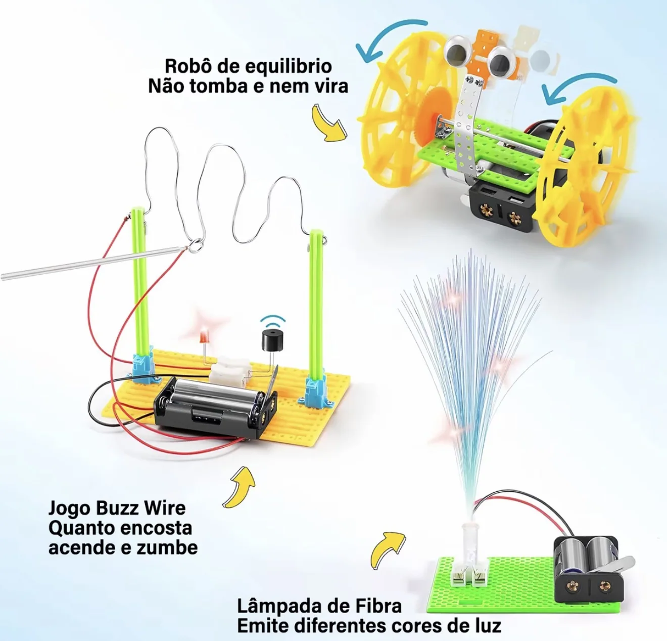 Mais três projetos montados: robô de equilíbrio, jogo buzz wire e lâmpada de fibra óptica