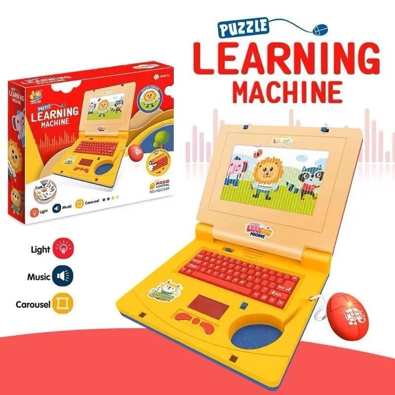 Mini notebook infantil amarelo aberto, com mouse vermelho e a caixa ao fundo