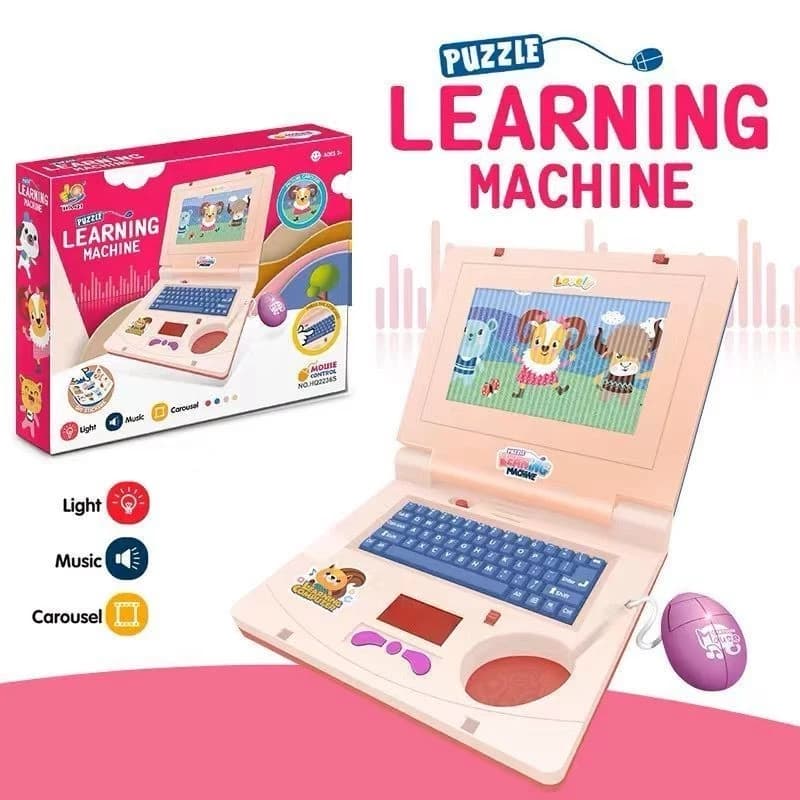 Mini notebook infantil rosa aberto, com mouse e a caixa ao fundo