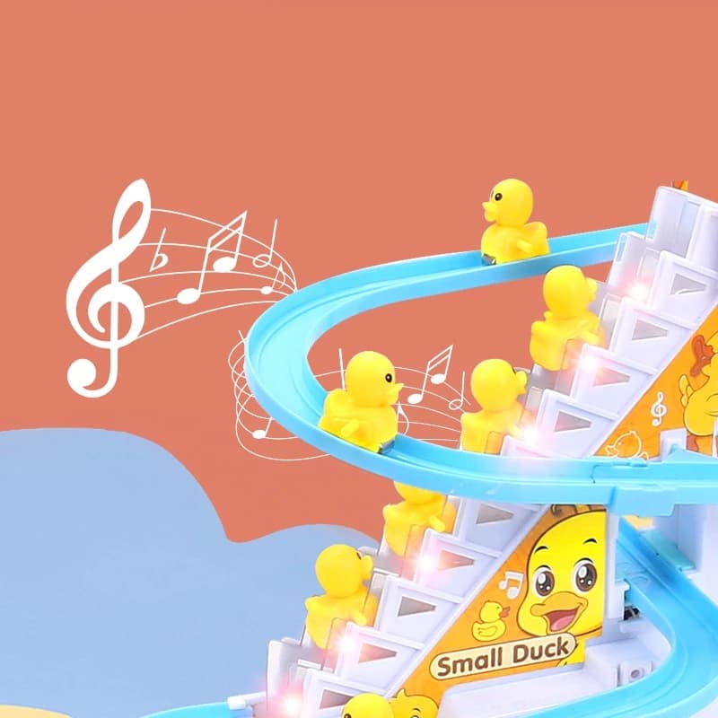 Detalhe dos patinhos subindo a escada iluminada, com notas musicais ilustradas