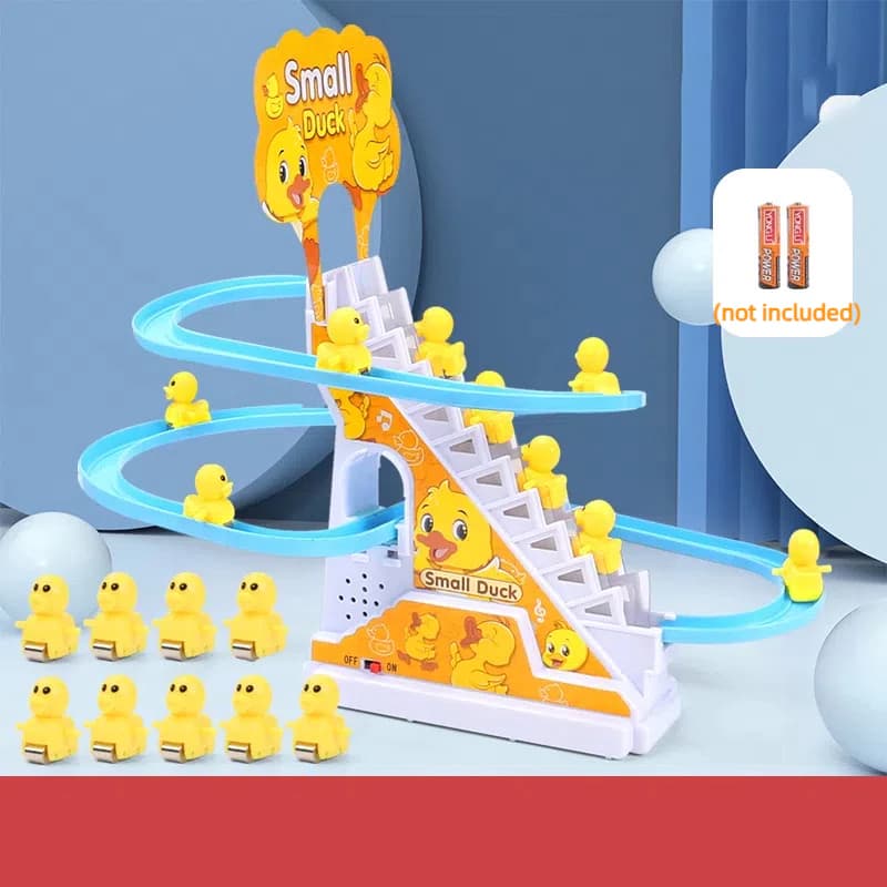 Pista de patinhos montada com nove patinhos extras ao lado
