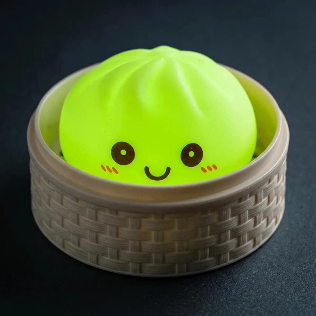 Squishy bolinho verde com carinha sorridente dentro de um cestinho, sobre fundo escuro