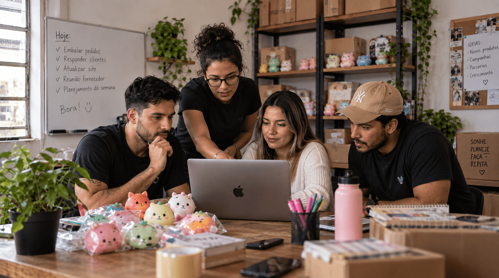 Time da loja reunido ao redor de um notebook, conferindo pedidos e planejando a semana