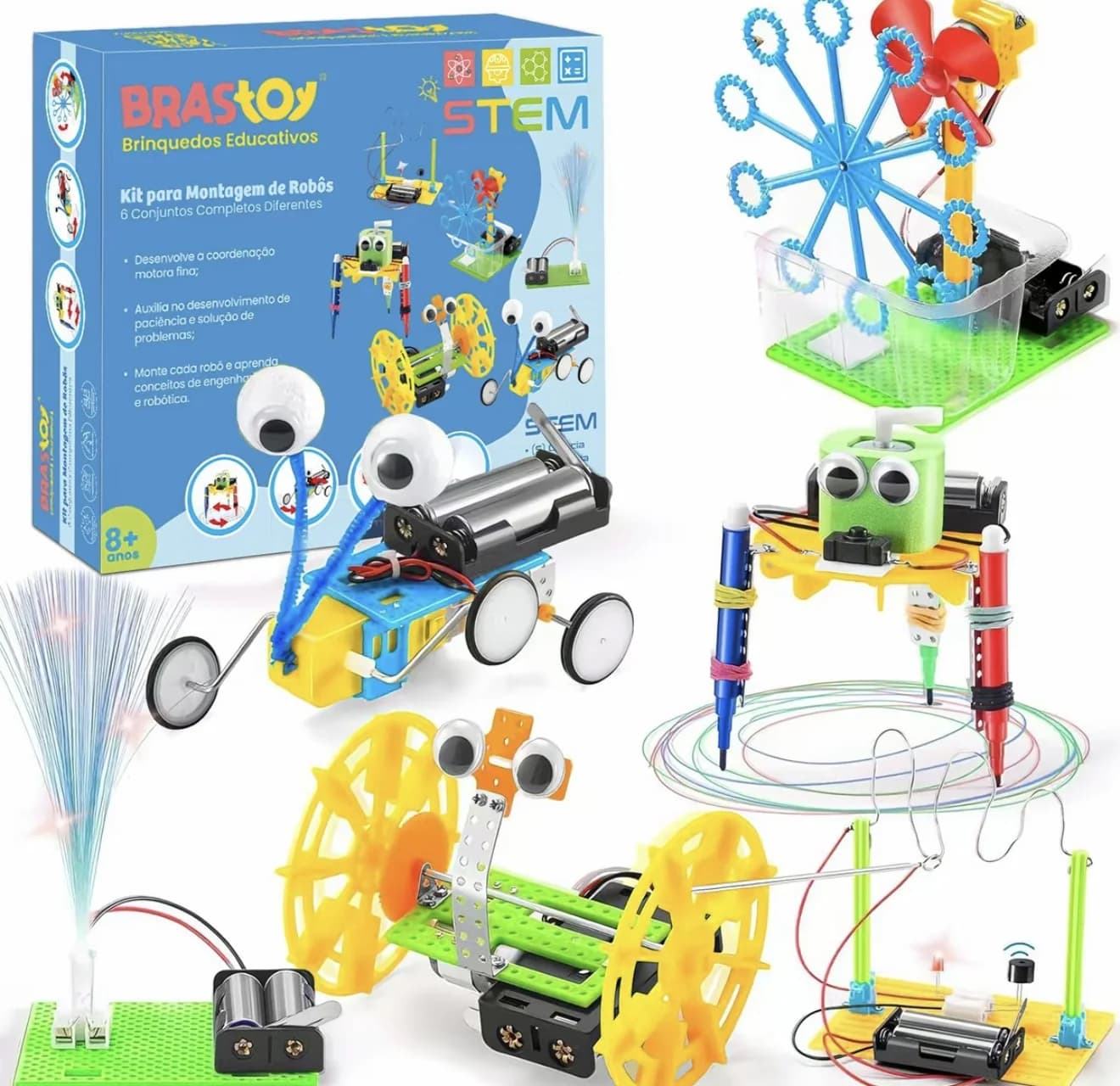 Caixa do Kit de Robótica Educativa STEM 6 em 1, da marca Brastoy, com os 6 projetos montados e indicação de 8+ anos