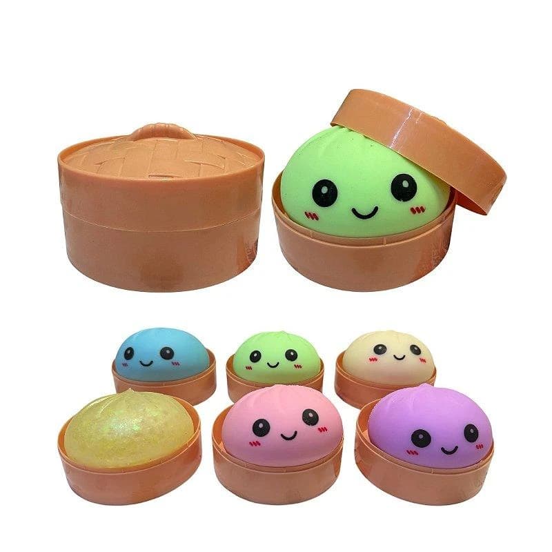 Squishy bolinho em tom pastel, versão sem LED, em cestinho — fotografia mostra várias cores possíveis